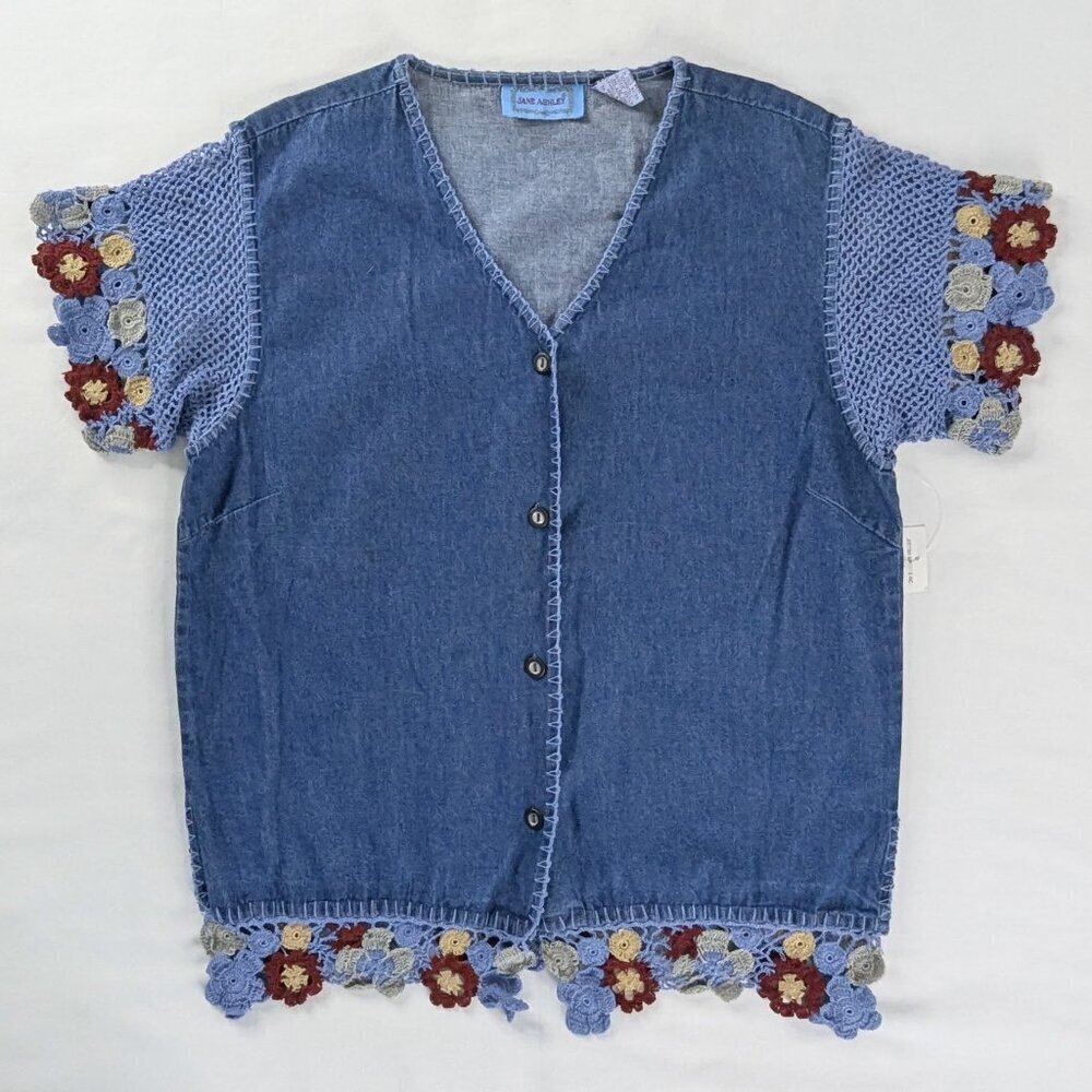 VTG Short Sleeve Denim Crochet Floral Sleeves and Hem Button Up V Neck Top NEW